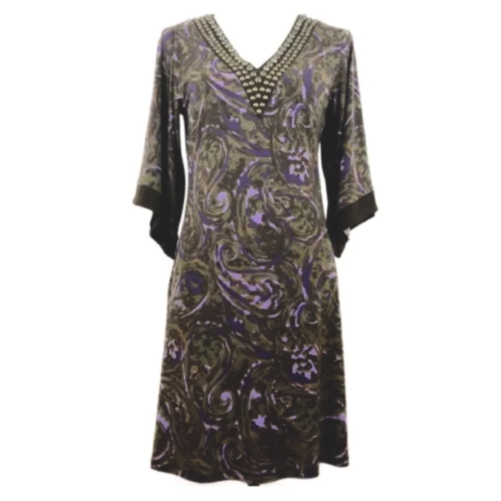 NWT Michael Kors Paisley Studded Asymmetric Bell Sleeves Purple Dress Sz S
